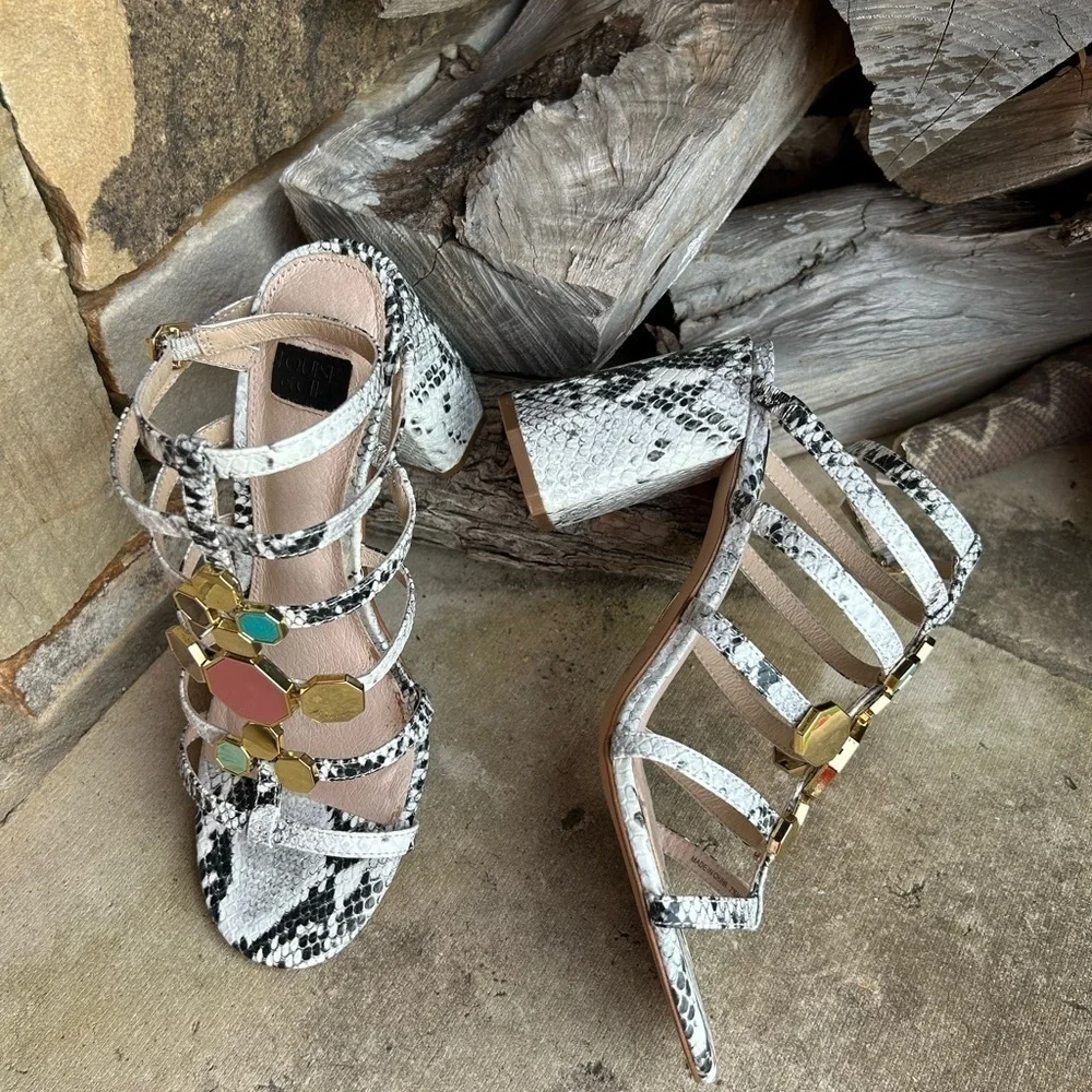 LOUISE ET CIE Leeba embelished heeled sandal python embossed leather Sz-7.5M. I